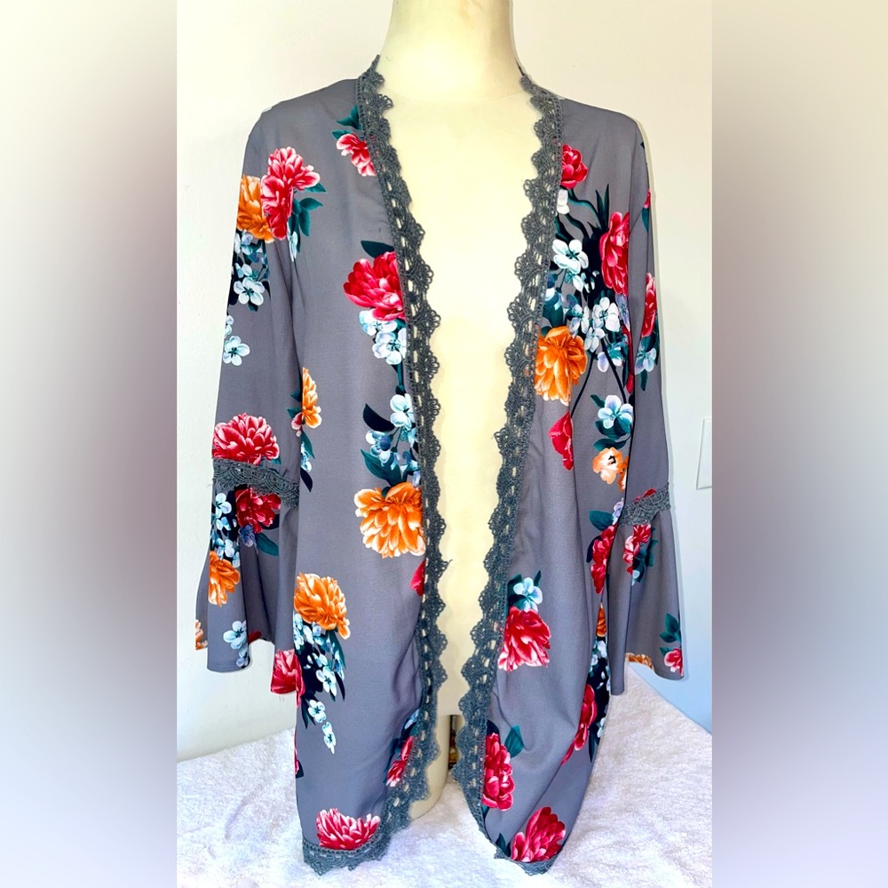 Women's Sheer Chiffon Blouse Loose Tops Kimono Floral Print Cardigan